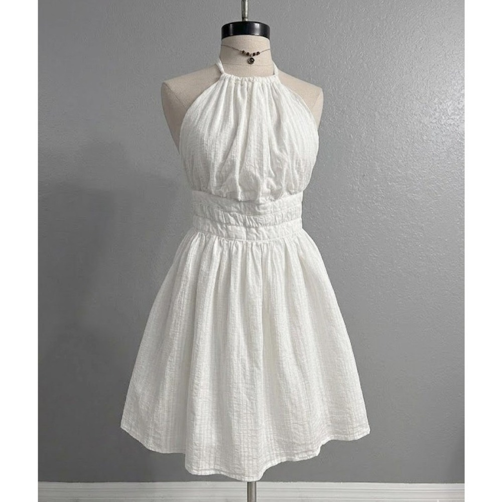 Prairie Style Mini Dress White Cotton Gauze Halter Open Back Sun Dress